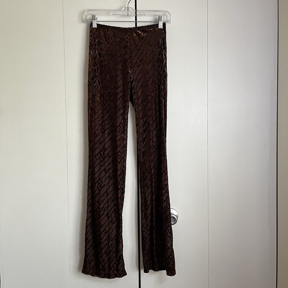 Fashion Nova Brown Monogram Velvet Burnout Flare Pants S Cut-Out Sheer Pull-On